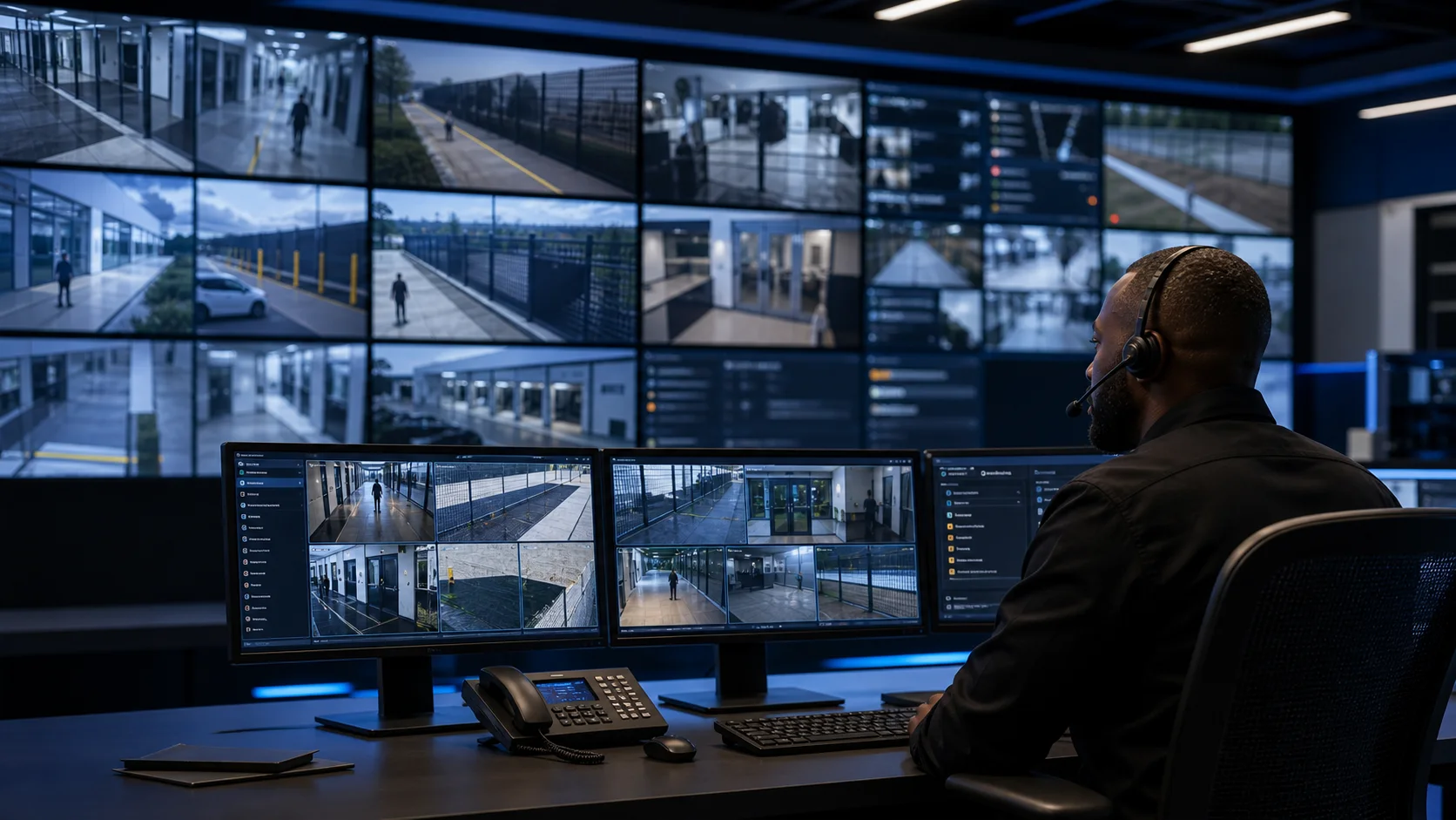 Security operations center monitoring live camera feeds